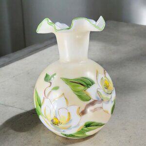 Phoenix Consolidated Glass Vase Magnolia Bloom Ruffled Rim Round Bottom Vase VTG